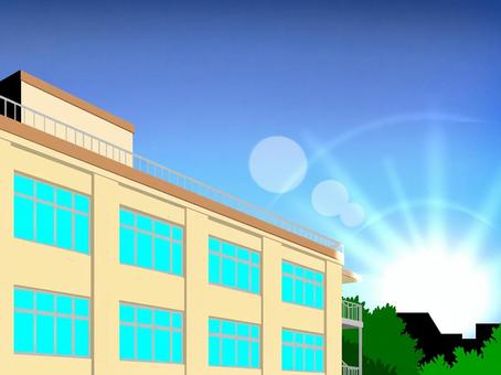 学校と朝日 学校,朝日,日の出,朝,校舎,早朝,建物,日差し,空,背景のイラスト素材