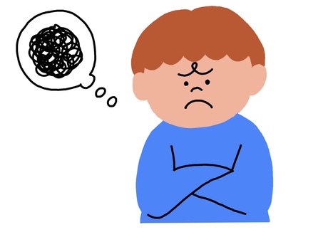 モヤモヤ悩む男の子 男の子,男性,吹き出し,悩み,モヤモヤ,困る,難しい,かわいい,ゆるい,苦悩のイラスト素材