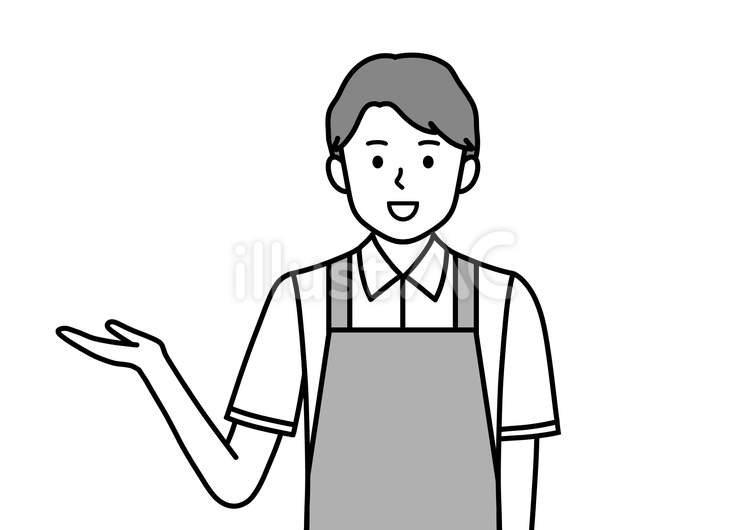 案内・説明をするエプロン姿の男性（白黒） エプロン,スーパー,案内のイラスト素材