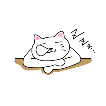 机に突っ伏して鼻ちょうちんで眠る白猫 ねこ,白猫,動物,キャラ,ポップ,かわいい,眠る,寝る,リラックス,くつろぐのイラスト素材