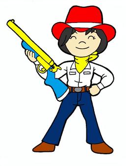 カウガール　こども　イラスト 黒髪,カウガール,こども,赤色,カウボーイハット,黄色,スカーフ,白色,シャツ,ショットガンのイラスト素材