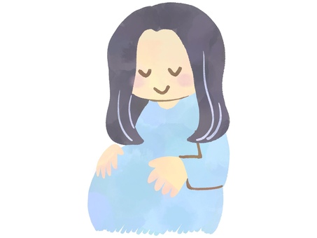 お腹を撫でる妊婦のイラスト（水彩風・青） 妊婦,マタニティ,妊娠,女性,プレママ,母,親,ママ,主婦,家族のイラスト素材