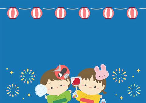 夏祭りの花火と子供の背景イラスト 花火,夏,祭り,背景,夏祭り,花火大会,縁日,屋台,夜店,打上花火のイラスト素材