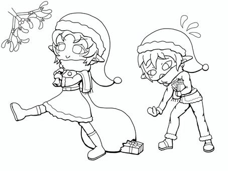 プレゼントを運ぶ妖精たち　塗り絵 塗り絵,クリスマス,妖精,プレゼント,冬,キャラクター,サンタ衣装,2人組のイラスト素材