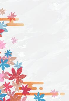 秋 もみじと和風の雲のポストカード 和,紅葉,ポストカード,フレーム,背景,葉,縦,png,透過,雲のイラスト素材