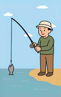 釣りをする男性 背景あり 釣り,男性,釣り竿,魚,岸,川,湖,池,空,レジャーのイラスト素材
