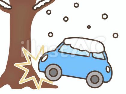 雪の降る中、木にぶつかる車