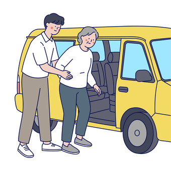 介護送迎車に乗る高齢女性と介護士 人物,介護士,高齢者,女性,介護,車,送迎,サポート,ケア,安心のイラスト素材