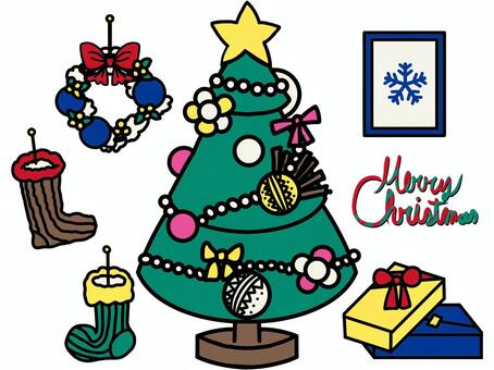 クリスマス部屋インテリアセットと文字素材 クリスマス,クリスマスツリー,インテリア,デコレーション,メリークリスマス,セット,イラスト,冬,装飾,イベントのイラスト素材