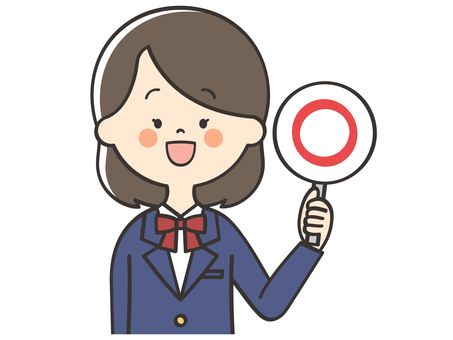 マルの札を持つ女子学生 まる,丸,正解,正しい,合っている,良い,クイズ,バラエティ,回答札,問題のイラスト素材