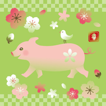 Happy pig, pig, cherry blossoms, petal, JPG