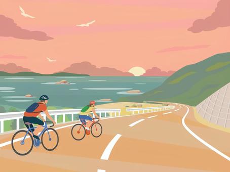 海に沈む夕日を見ながらサイクリング サイクリング,夕日,海,自転車,男性,女性,風景,道路,サンセット,アウトドアのイラスト素材