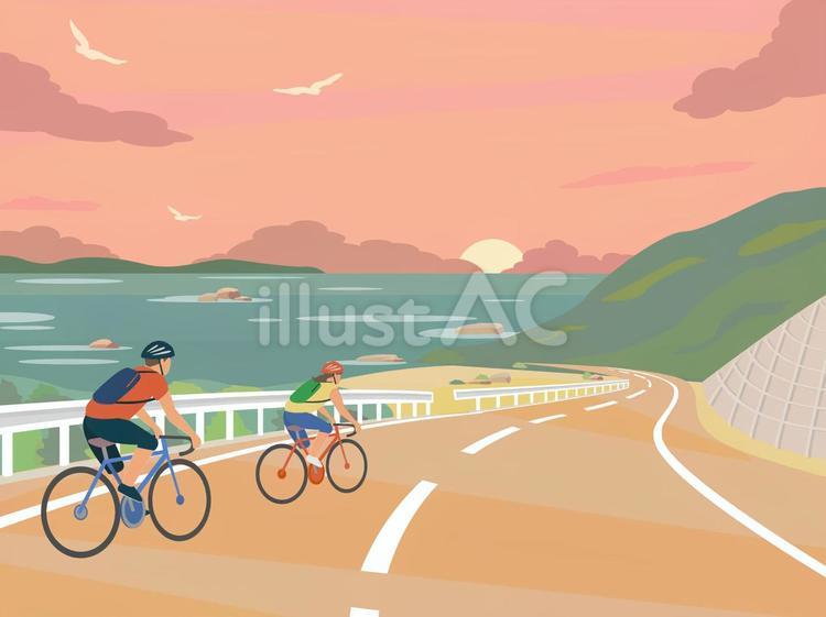 海に沈む夕日を見ながらサイクリング サイクリング,夕日,海のイラスト素材