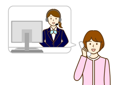 電話で問い合わせ・相談をする女性・主婦 電話,受話器,問い合わせ,相談,コールセンター,女性,パソコン,オペレーター,ヘッドセット,仕事のイラスト素材