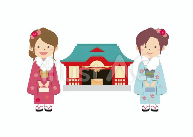 正月　元旦　神社お参り 正月,初詣,振袖のイラスト素材