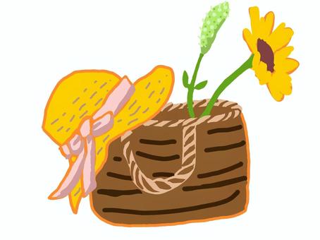 夏っぽいもののイラスト 夏,帽子,カゴ,ひまわり,麦わら帽子,カバン,植物,リボン,静物,花のイラスト素材