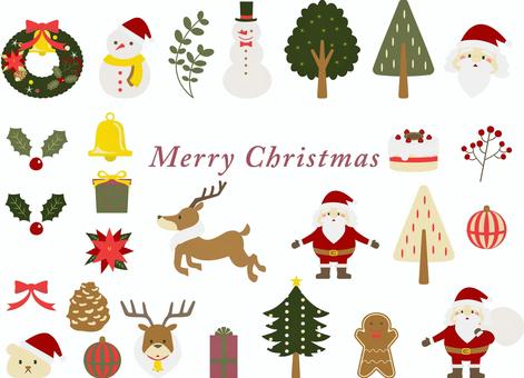 クリスマスイラストセット クリスマス,サンタクロース,トナカイ,スノーマン,雪だるま,ツリー,モミの木,リース,プレゼント,ギフトのイラスト素材