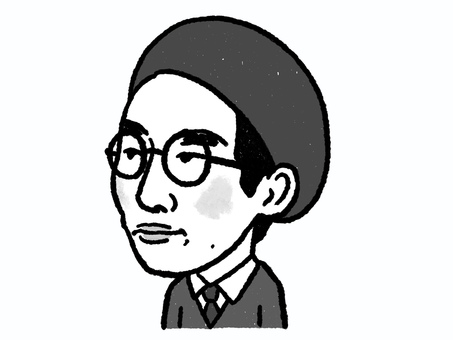 ベレー帽をかぶった堀辰雄 堀辰雄,似顔絵,ベレー帽,かぶる,肖像画,ゆるい,白黒,かわいい,手描き,デフォルメのイラスト素材