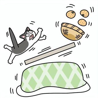 地震に驚くぶち猫 ぶち猫,地震,災害,揺れる,驚く,コタツ,みかん,冬,猫,動物のイラスト素材