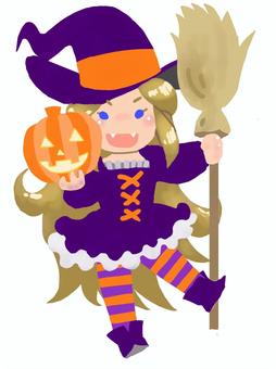 ハロウィンの魔女 ハロウィン,魔女,女の子,ジャックオーランタン,箒,金髪,カット,かぼちゃ,デフォルメ,仮装のイラスト素材