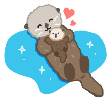 水面に浮いて赤ちゃんを抱っこするラッコ ラッコ,親子,赤ちゃん,泳ぐ,水族館,仲良し,子ども,子育て,抱っこ,顔のイラスト素材