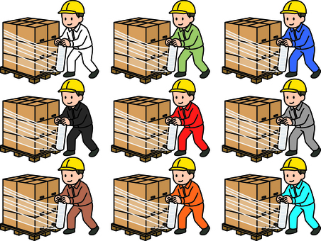 荷物をラップで巻く作業員です。 倉庫作業,物流,シンプル,マテリアルハンドリング,マテハン,パレット積み,ラップ,巻く,荷物,固定のイラスト素材