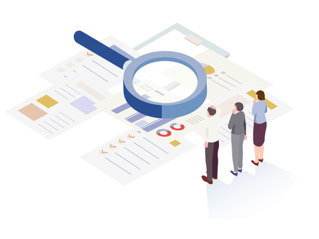 虫眼鏡と資料の前で悩む会社員のアイソメ 資料,調査,データ,書類,分析,会社員,会社,チーム,人材,選考のイラスト素材