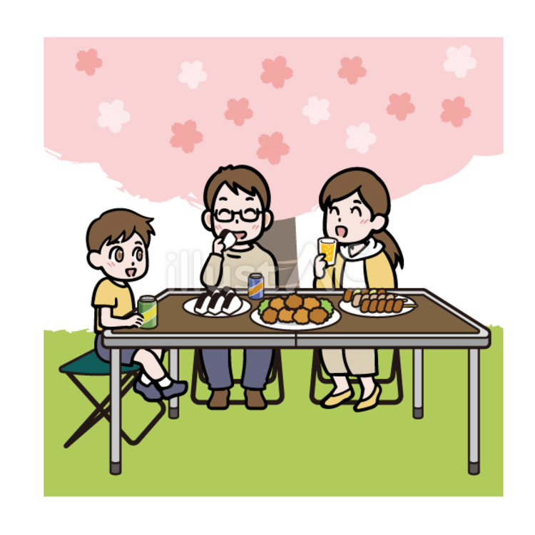 テーブルでお花見をする家族 花見,桜,木のイラスト素材