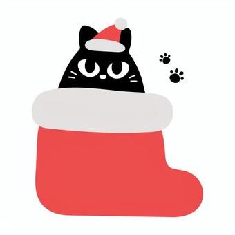 靴下に入るサンタ帽子の黒猫 黒猫,クリスマス,猫,動物,12月,サンタ帽子,靴下,ペット,ポーズ,足跡のイラスト素材