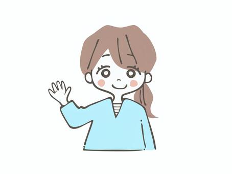 手を振る女性 女性,20代,30代,バストアップ,シンプル,笑顔,手描き,日常,優しい,社会人のイラスト素材
