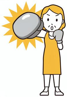  エプロンおばちゃん(黄)-036-全身 パンチ,おばちゃん,エプロン,お母さん,ママ,中年,おばさん,主婦,人物,かわいいのイラスト素材