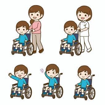車いすに乗る男の子セット 車椅子,介助,介護,子供,男の子,表情,笑顔,困る,看護師,介護士のイラスト素材