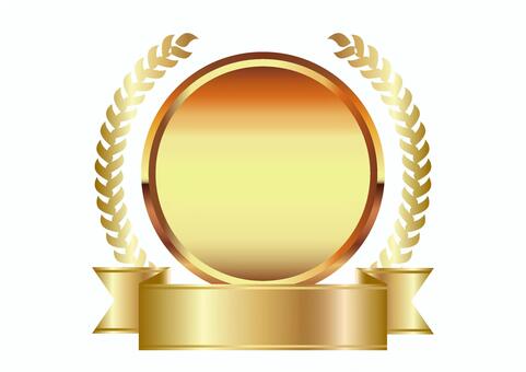 金リボンとメダルと金の月桂冠2025① 月桂冠,リボン,枠,アワード,タイトル,帯,あしらい,金色,植物,葉のイラスト素材