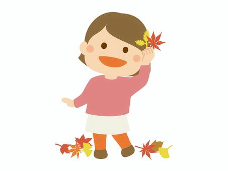 落ち葉で遊ぶこども_女の子2 こども,落ち葉,イチョウ,もみじ,カエデ,紅葉,女の子,小学校,小学生,幼稚園のイラスト素材
