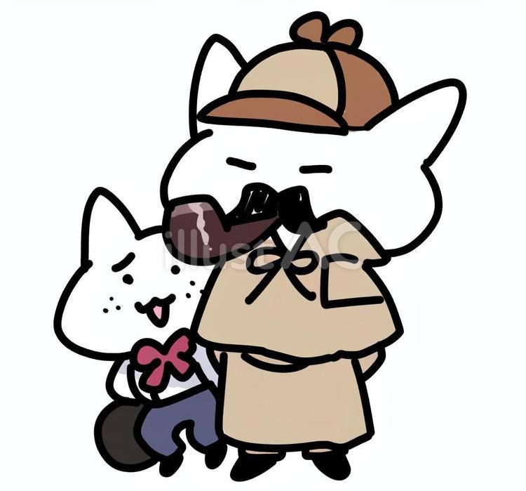 ゆるいネコの探偵と助手 ネコ,キャラクター,手描きのイラスト素材