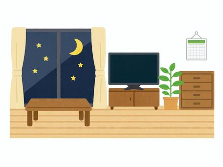 リビング（夜の家具あり） リビング,夜,フローリング,テーブル,テレビ,テレビ台,タンス,観葉植物,カレンダーのイラスト素材