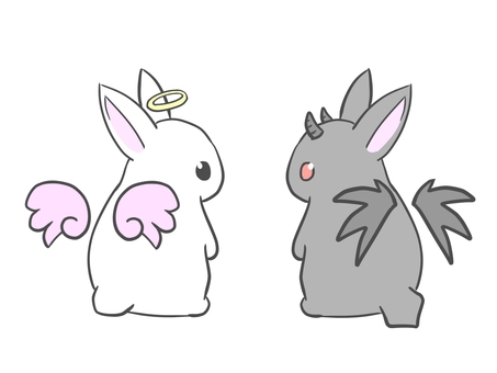 可愛い天使と悪魔 兎,白兎,黒兎,天使,悪魔,羽,角,ペット,可愛いのイラスト素材