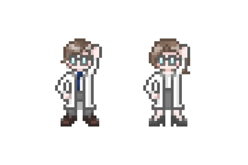 ドット絵のやる気な白衣を着た男女 ドット絵,ピクセル,挙手,返事,やる気,ガッツポーズ,熱血,かわいい,会社員,社会人のイラスト素材
