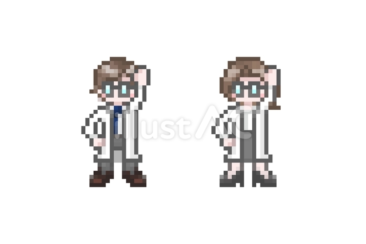 ドット絵のやる気な白衣を着た男女 ドット絵,ピクセル,挙手のイラスト素材