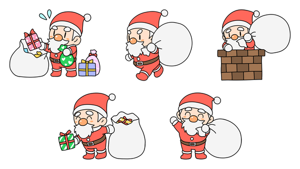 かわいいサンタさんイラスト5種セット サンタ,クリスマス,セット,冬,おじいさん,人物,かわいい,シンプル,デフォルメ,プレゼントのイラスト素材