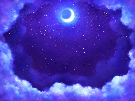 三日月と雲のベール【3】夢路の扉 三日月,夜,幻想的,背景素材,神秘的,空,ミステリアス,パープル系,イラスト,雲のイラスト素材