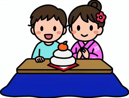 紺のこたつの子供たちです。 こたつ,シンプル,正月,みかん,鏡餅,男の子,女の子,冬,和風,家族団らんのイラスト素材