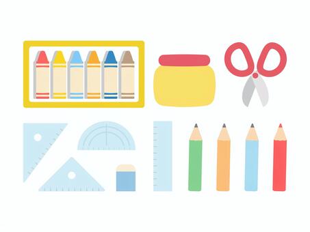 文具のセット 鉛筆,赤鉛筆,消しゴム,はさみ,定規,三角定規,分度器,のり,クレヨン,かわいいのイラスト素材