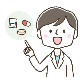 Cute male pharmacist pointing / medicine, un homme, pharmacien, médicaments, JPG, PNG and AI