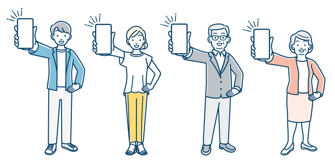 スマートフォンを見せる人々のセット素材 スマートフォン,見せる,自慢,女性,男性,ベクター,ビジネス,ビジネスウーマン,ビジネスマン,人物のイラスト素材