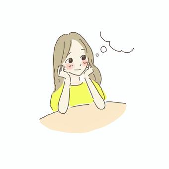 考え事をする女性 考え事,女性,頬杖,空想,めぐらせる,思いつく,いいこと,将来,未来,展望のイラスト素材