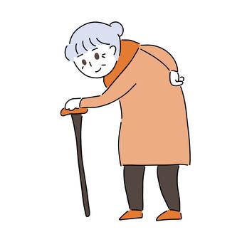 杖をつくおばあさん おばあさん,高齢者,杖,祖母,人物,シンプル,手描きのイラスト素材