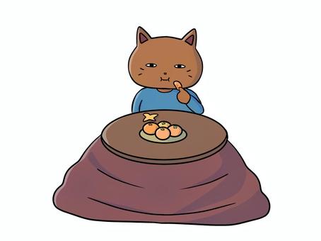 こたつでみかんを食べている猫のイラスト 炬燵,みかん,冬,猫,まったり,休日,手描き,ぬくぬく,暖かい,あったかのイラスト素材