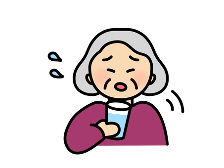 水でむせ込むおばあちゃん 水,おばあちゃん,祖母,むせ込み,水分,器官,嚥下,低下,女性,手書きのイラスト素材