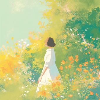 花畑の中の白いワンピース 花畑の中の白いワンピース 風景,花,自然のイラスト素材